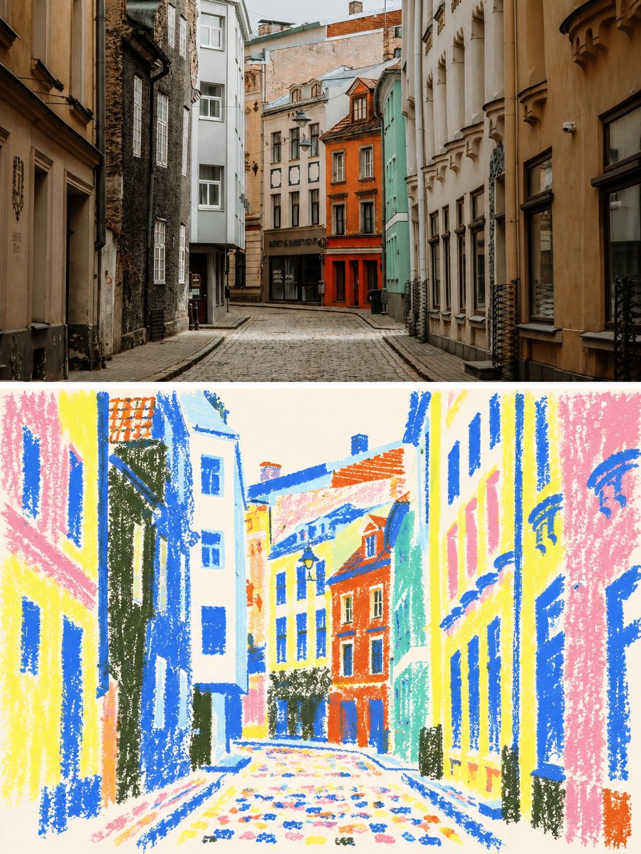 制作一张完整、独立的3:4竖版上下对比旅行转绘海报。上半部分高保真保留输入的意大利旅行街拍，保持人物、服装、动作、建筑、街道、光线、色彩、透视和主体位置，不做插画化。下半部分...