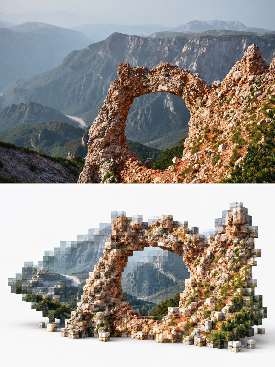 【GLITTER PIXEL SLICE｜闪光像素阶梯切片】制作一张竖向上下对比图：上半完整保留输入真实旅行照片；中间细白分隔线。下半把原图中最有意义的主体轮廓做成实体方格切...