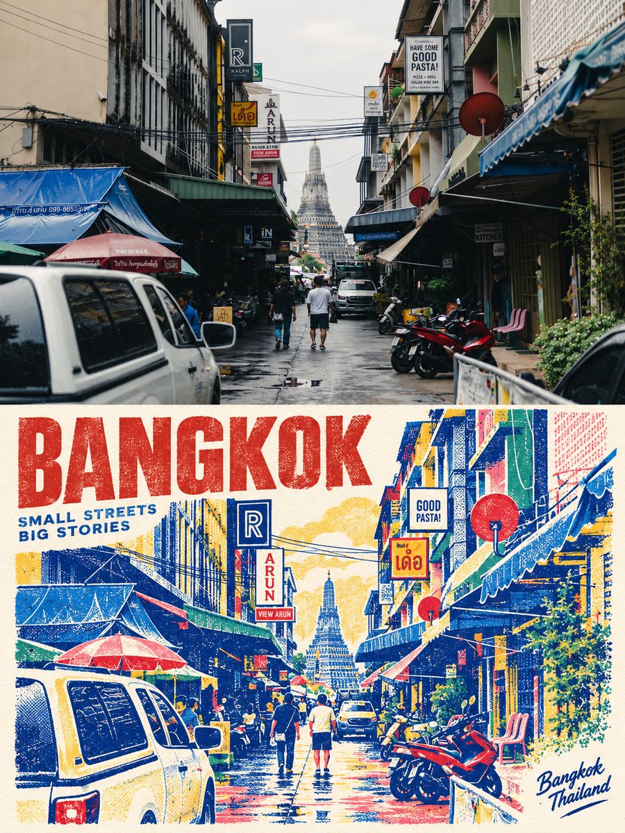 制作一张竖向3:4上下对比旅行转绘海报。上半部分完整保留输入的真实泰国旅行照片，保持原始构图、人物与建筑/街景主体、动作、光线和透视；中间用细白分隔线。下半部分从同一照片提炼...