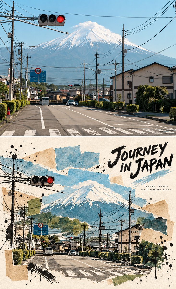 制作一张竖向上下对比旅行转绘海报。上半完整保留输入真实旅行照片，保持地貌、建筑、街巷、湖泊、植物、人物或交通工具的构图、数量、透视与光线；中间使用窄米白分隔带。下半从原图选取...