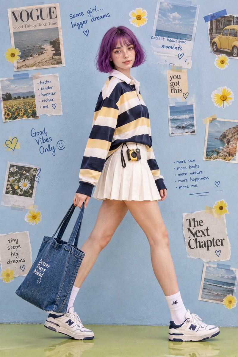 Create a hyper-realistic full-body fashion editorial of the same young adult female cha...