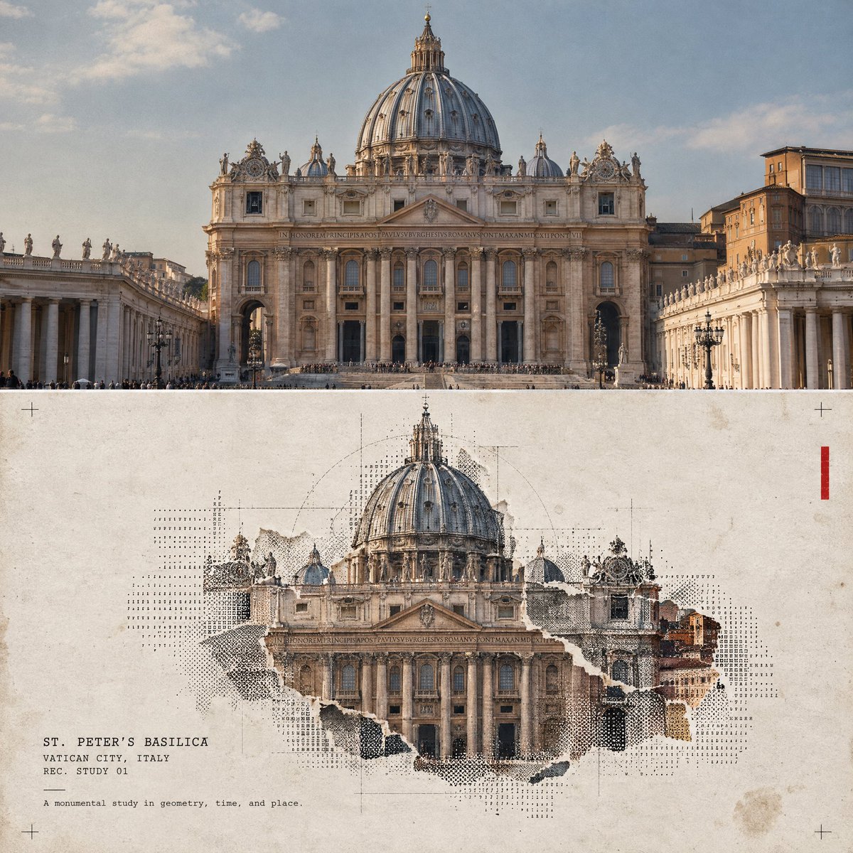Turn this structure photo into a single high-end halftone architectural travel-collage...