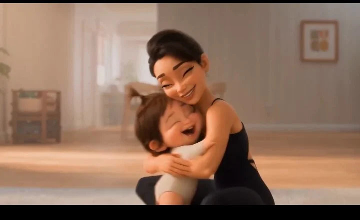 A warm, cinematic 3D animated scene of a loving mother si...