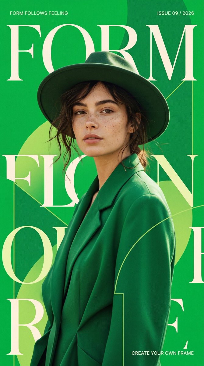 Create a unique 9:16 vertical editorial fashion poster with a rich parrot-green, vivid...