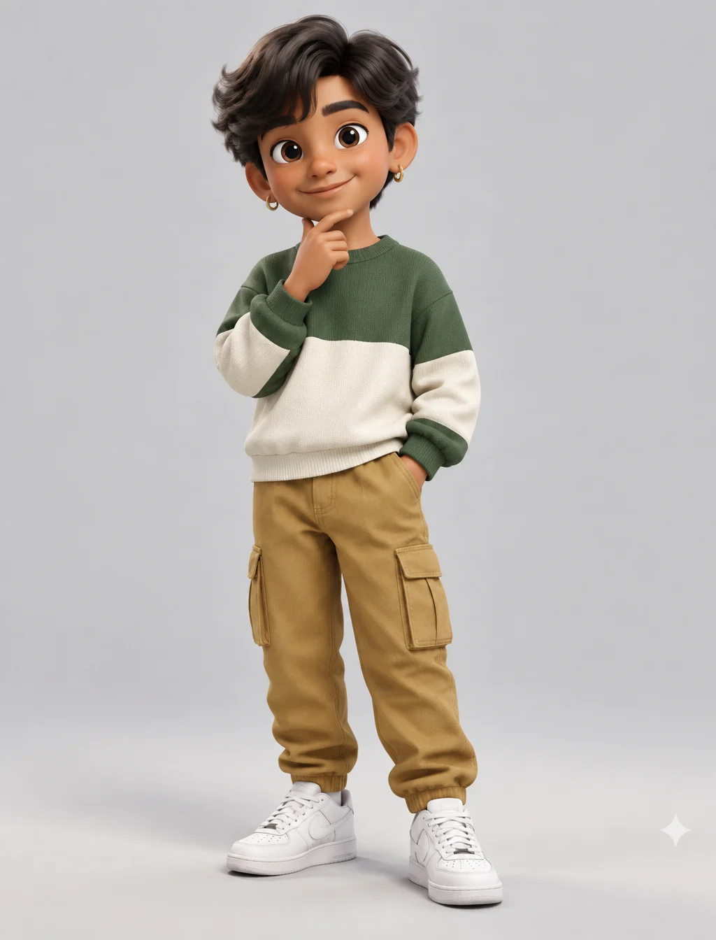 A stylized 3D cartoon boy stands centered against a seaml...