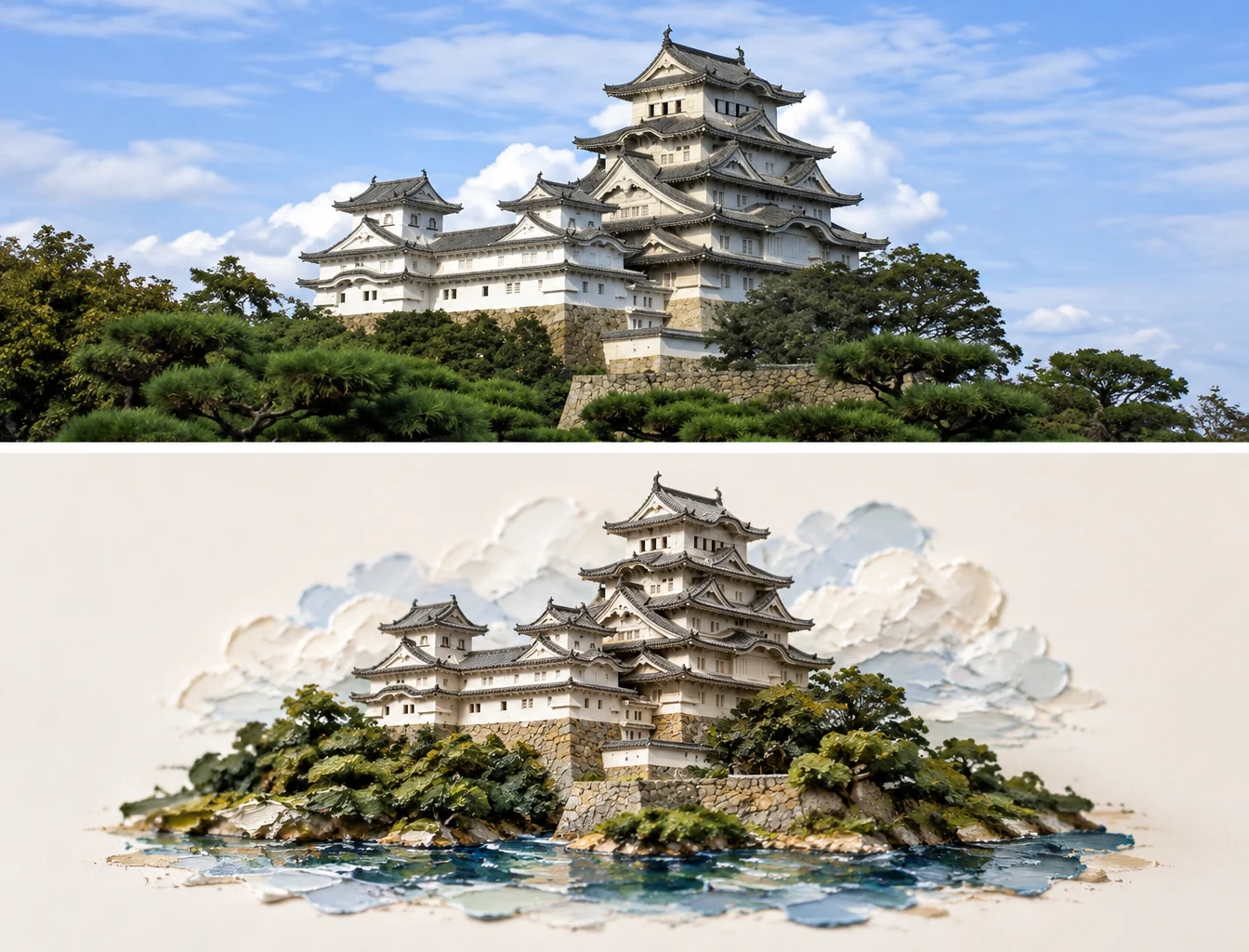 Transform an input travel photo of world architecture int...