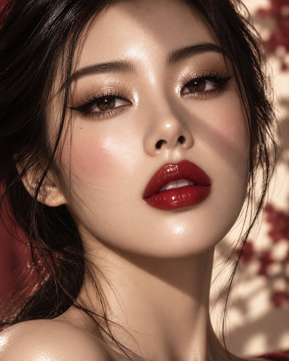 Ultra-close-up luxury beauty portrait of a stunning young [Korean / Japanese woman], fl...