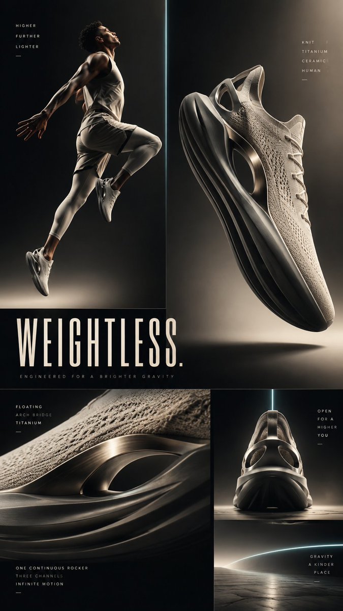 Create a premium future-sport editorial footwear concept board, 9:16, full bleed. Modul...