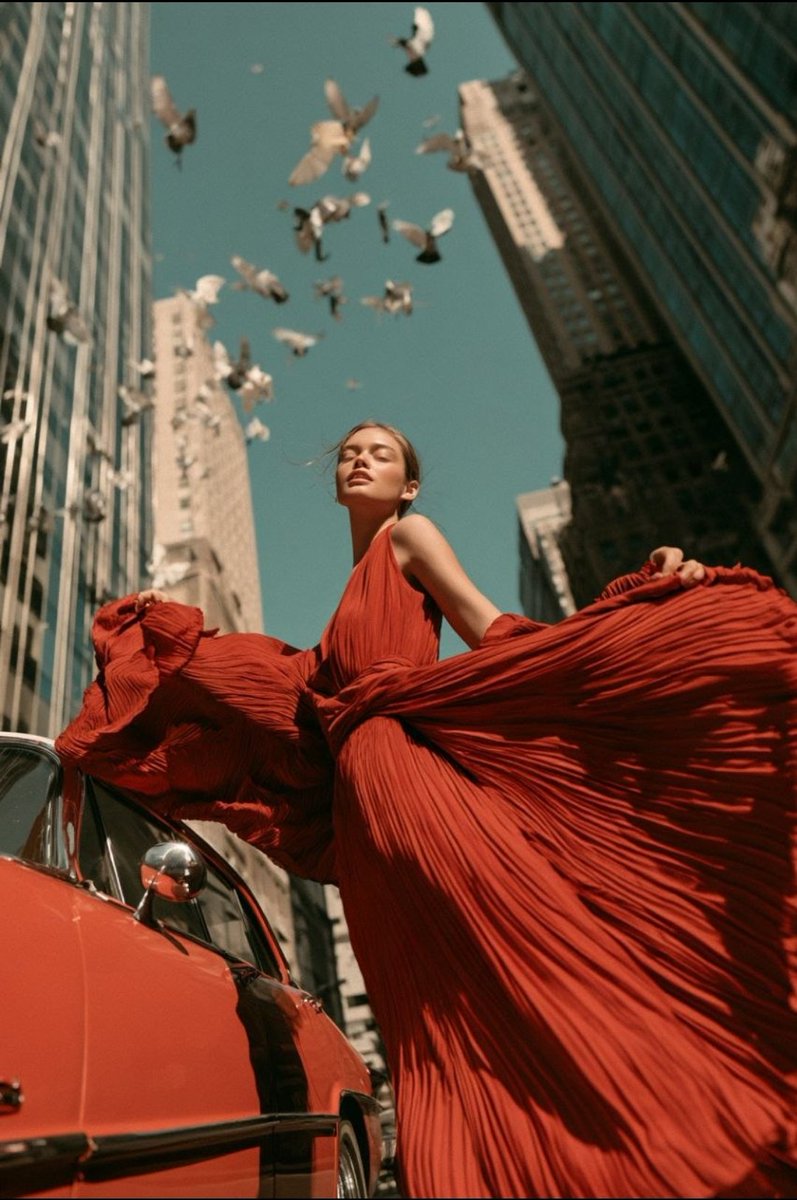 A striking high-fashion editorial photographed from an extreme low street-level angle i...