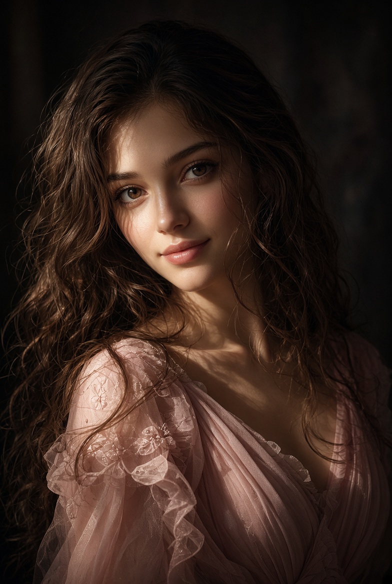 ​A close-up portrait of a beautiful young woman with long, voluminous, wavy dark brown...