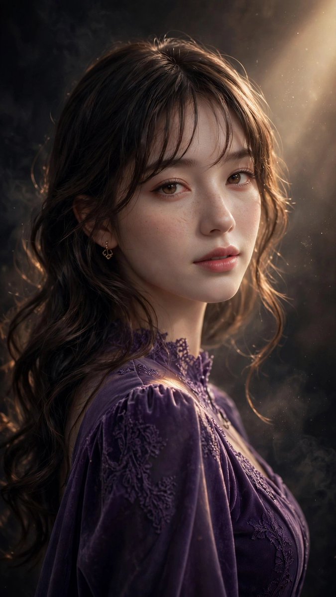 A close-up portrait photograph captures a young woman with wavy brown hair, styled with...