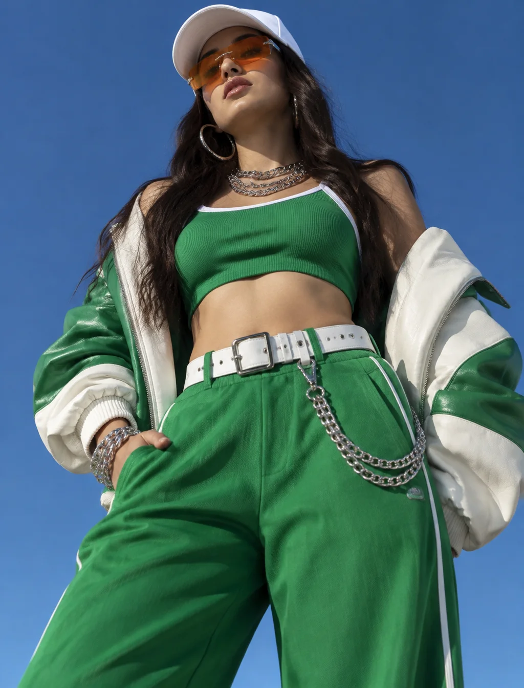 A striking, low-angle, realistic fashion photograph of a ...