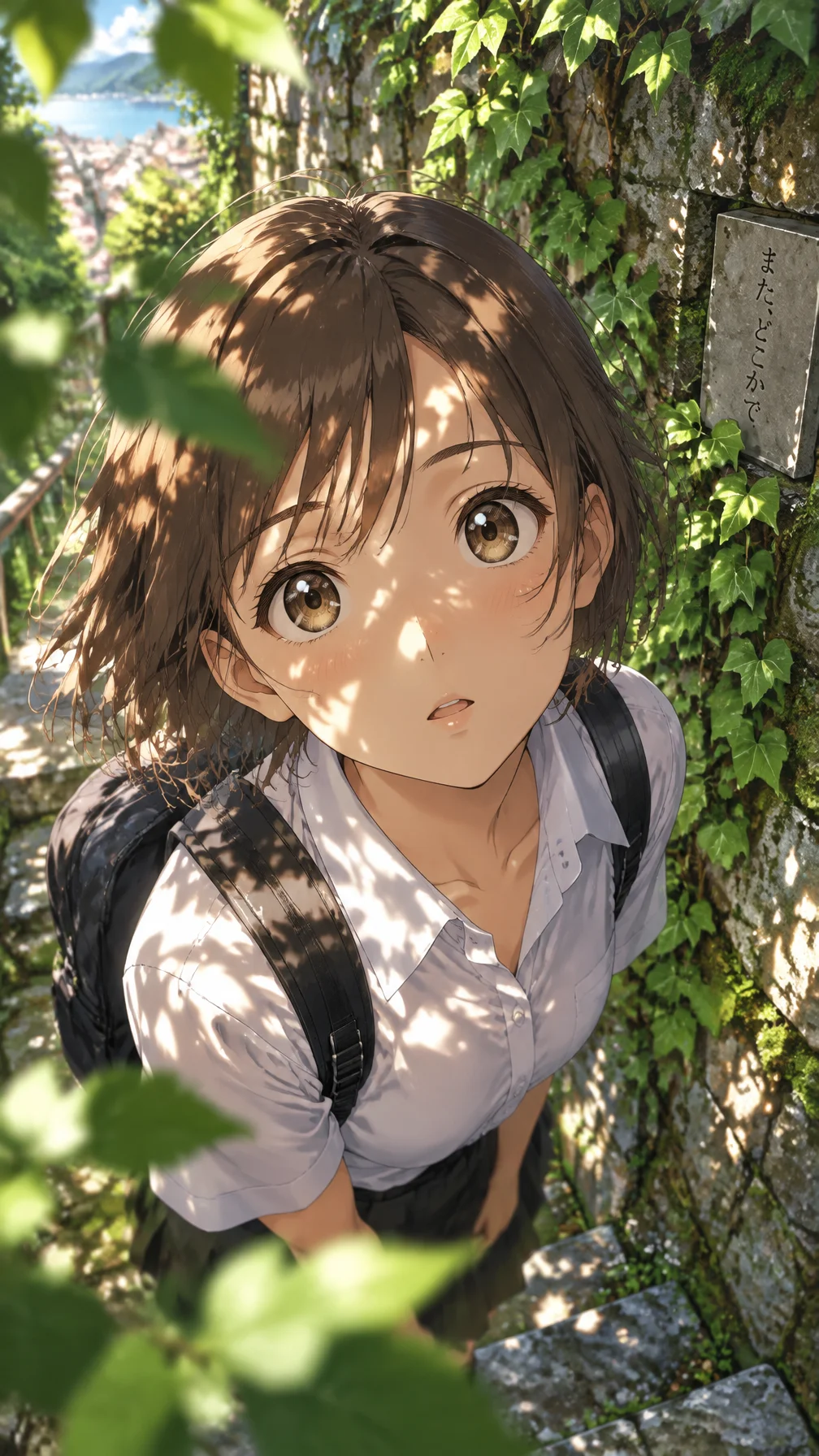 A high-angle, close-up digital anime illustration of a yo...